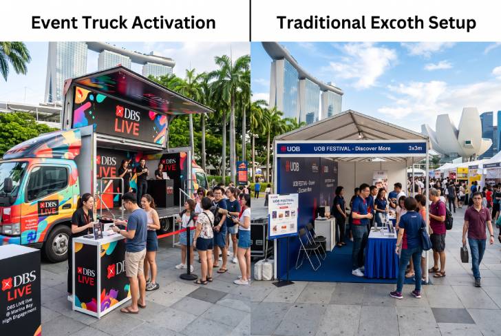Event truck in Singapore compared with traditional booth for brand campaign